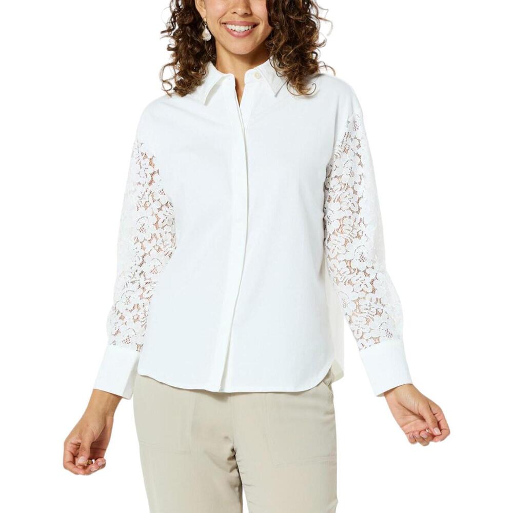 WynneCollection Button-Down Shirt with Lace Sleeves Cloud - Regular